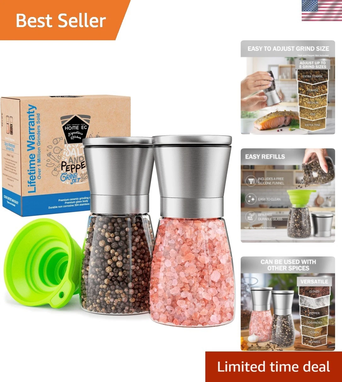 Stainless Steel Sea Salt and Pepper Grinder Set of 2 - Adjustable Ceramic - G...
Opens in a new wind