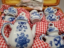 Children's Miniature Tea Set in Wicker Carrying Basket with Handles