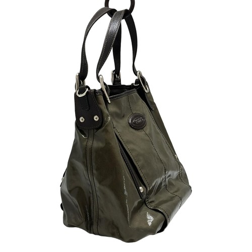 Auth TOD'S - Khaki Dark Brown Coated Canvas Leather Tote Bag - Picture 2 of 8