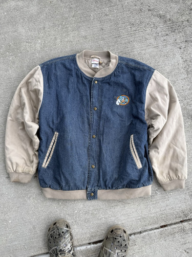 Vintage 90s Disney Donald Duck Varsity Bomber Jacket L Denim Streetwear Y2K - Picture 1 of 11