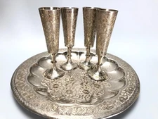 Goblets Shot Glass Vintage Ornate Silver Brass Set Of 5 Tray By ZY India 