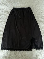 Vintage Samye Black Nylon Long Half Slip with Lace  a Back Slit Sz S Made USA