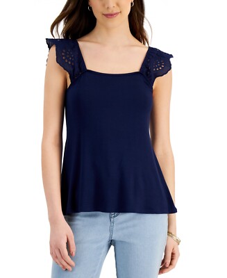 MSRP $59 Willow Drive Eyelet Flutter-Sleeve Top Blue Size Small