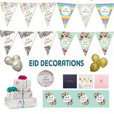 Eid Mubarak Party Decorations Banner Balloons Bunting Cards Flags Hanging Decor 