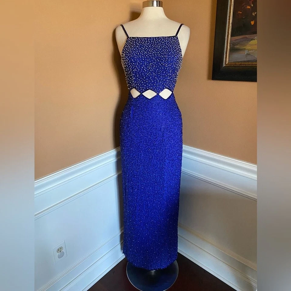 Maxi Vestido Sean Seda Cuentas Corte Correa Espagueti L Baile de graduación Concurso Corbata Negra Foto 3 de 4