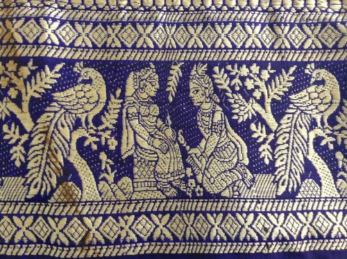 ANTIQUE SAREE BORDER PURE SILK BLUE BALUCHARI WORK RADHA KRISHNA TRIM LACE 228 - Picture 4 of 12