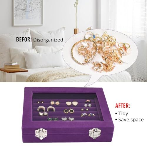 Rings Organizer Tray 7 Slots Velvet Jewelry Earring Storage Box with Purple - Bild 5 von 6