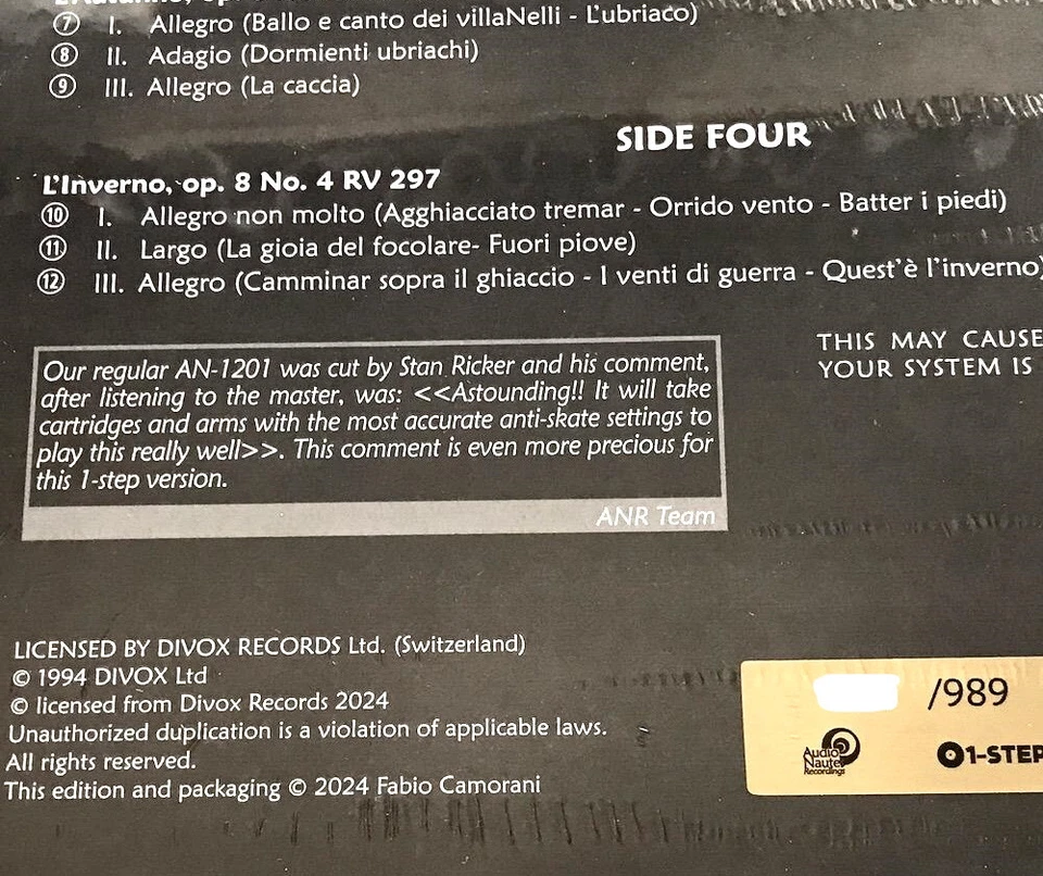 AUDIO NAUTES AN-2406 VIVALDI LE QUATTRO STAGIONI CARMIGNOLA ONE STEP DIVOX 2LP! - Bild 3 von 4