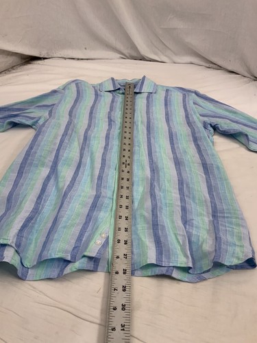 Saks Fifth Avenue Shirt S Blue Green Stripe 100% Linen YGI N2-400 - Picture 8 of 11
