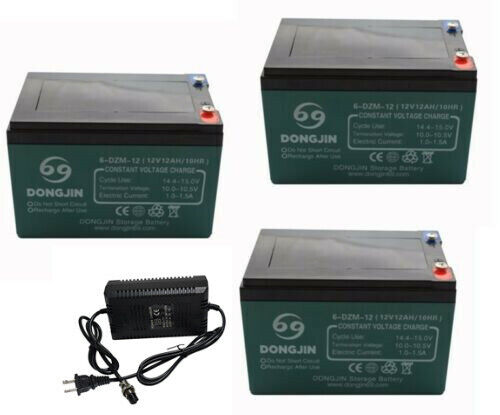 3x 6-DZM-12 12V 12Ah Battery 36V Charger Golf Cart ATV Mobility Go Kart E-BIKE - Afbeelding 1 van 6