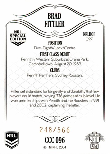 2018 SYDNEY ROOSTERS NRL Card BRAD FITTLER Glory Charter Class Chrome - Picture 2 of 3