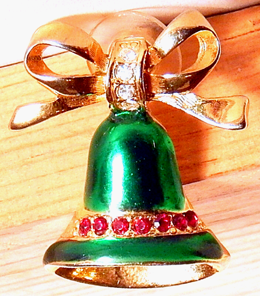 アクセサリー bell VINT BELL TAC PIN RHINESTONES HOLIDAY W/ BOW GREEN ENAMEL | eBay