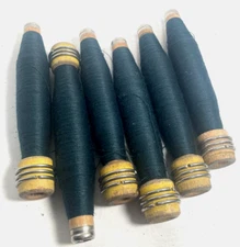 Wrapped Wood Quills, GREEN, Bobbins, Spools, Wooden Threaded, Textile, lot of 6: