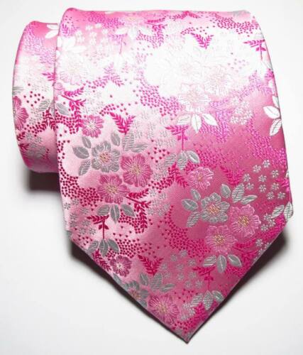 New Classic Floral Pink White JACQUARD WOVEN 100% Silk Men's Tie Necktie - Picture 2 of 2