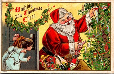 1908 Christmas Cheer Postcard Santa Claus X-mas Tree Children Peek Julius Bien