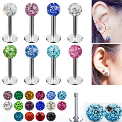 Steel Bar Coated Crystal 3mm Ball Monroe Labret Lip Barbell Tragus Stud Piercing