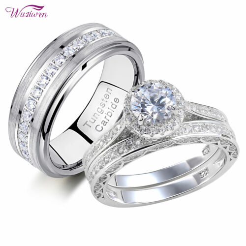 Wuziwen Couple Wedding Engagement Ring Set For Him Her Women Men Tungsten Bands - Picture 1 of 55