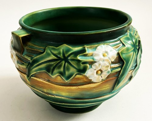 ROSEVILLE ART POTTERY LUFFA DECOR HANDLED JARDINIERE BOWL SHAPE 631-7 GREEN 1934 - Picture 9 of 21