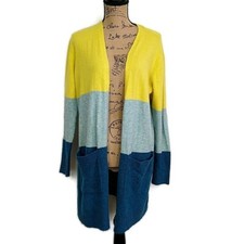 A New Day Womens sz S Blue Yellow Color Block Long Sleeve Open Duster Cardigan
