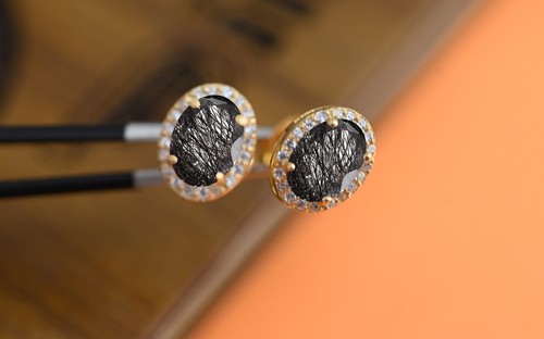 Pendientes de cuarzo enchapados en oro de 14K de plata de ley 925 con forma ovalada de 7X5 mm - Imagen 4 de 15