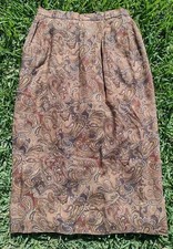 Vintage Evan-Picone Pleated Rayon Brown Paisley Midi Skirt w/ Pockets, 16