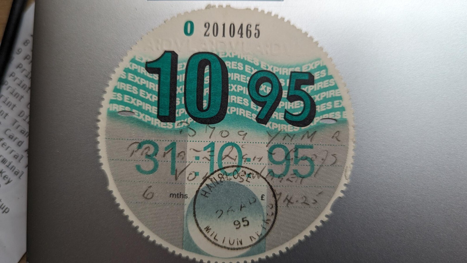 Rare Collectable old tax disc from OCT 95