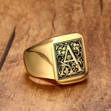 Gold Signet Ring Signature Ring Laser Engraved Floral Initialen Letter Band A-Z