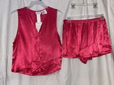 Vassarette Pajama Set Women Sz 2X Pink Button Sleeveless Top Short New NWT Satin