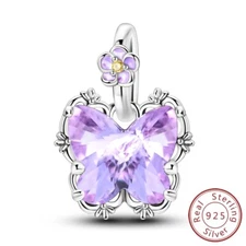 MULA 925 Sterling Silver DIY Charm Purple CZ Garden Butterfly For Women Bracelet