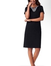 Talbots Cotton Stretch Black Embroidered Split Neck Knit Sheath Dress Sz M