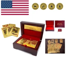 Luxury 24K Gold Foil Poker Playing Cards with Wooden Box Waterproof Cards for...