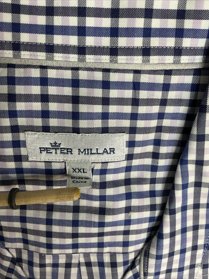 Peter Millar Short Sleeve Check Button Up Shirt Navy White Purple Men's XXL - Image 3 of 4