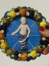 Vintage Della Robbia Italy Pottery Infant Christ Child Jesus Plaque 6" Majolica