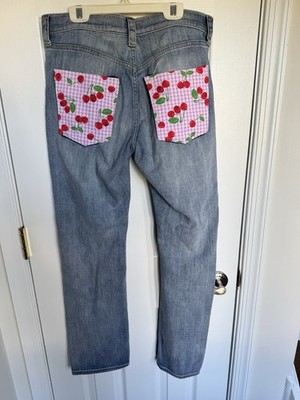J Crew Jeans Blue Stretch Leg Denim Pink Gingham Patchwork Cherry Pockets SZ 27