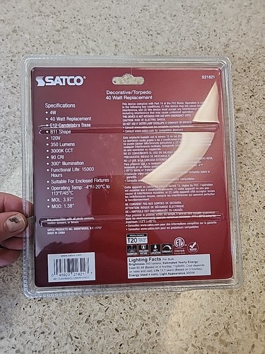 4 Satco S21821 Torpedo E12 Candelabra Base Soft White Light B11 LED Bulb 40W - Picture 3 of 3