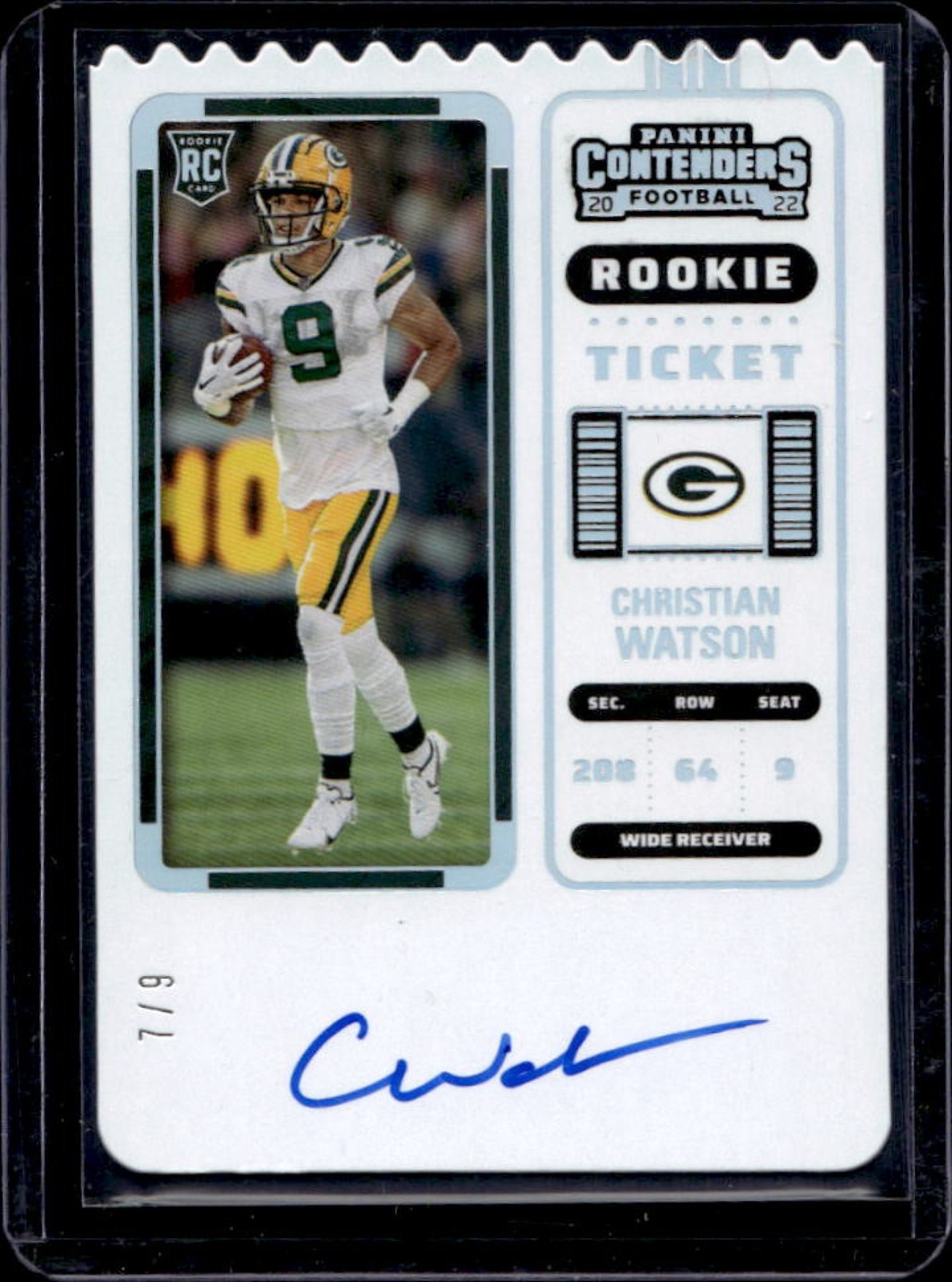 2022 Contenders Christian Watson Rookie Ticket Stub RPS RC Auto #7/9 Packers