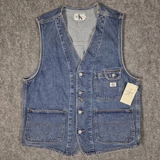 NWT Vintage Calvin Klein Large Denim Vest CK Stone Double Wash Mechanics USA