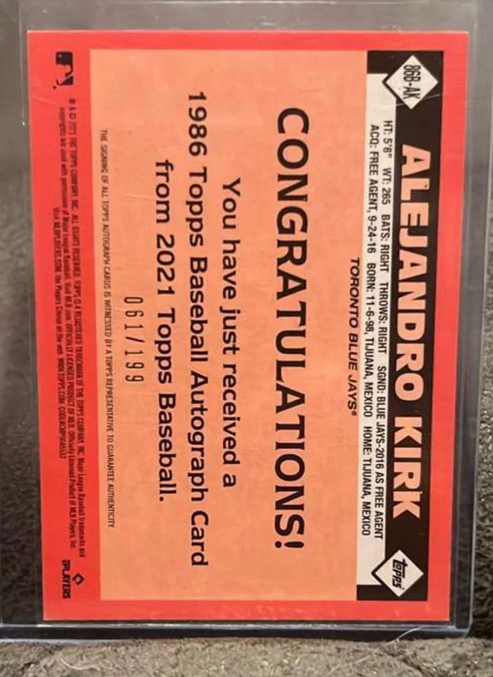 Black /199 - Alejandro Kirk - 2021 Topps Update Series - 1986 Topps Autographs  - Image 2 of 2