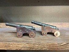 Pair of Vintage Brass Wood Miniature 1800s Style Decorative Cannon