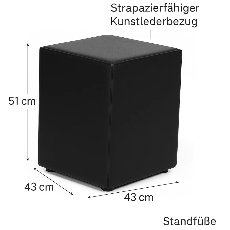 Kaikoon Sitzwürfel Schwarz 43x43x51cm – Moderner Pouf, Hocker mit 51 cm Sitzhöhe - Bild 4 von 4