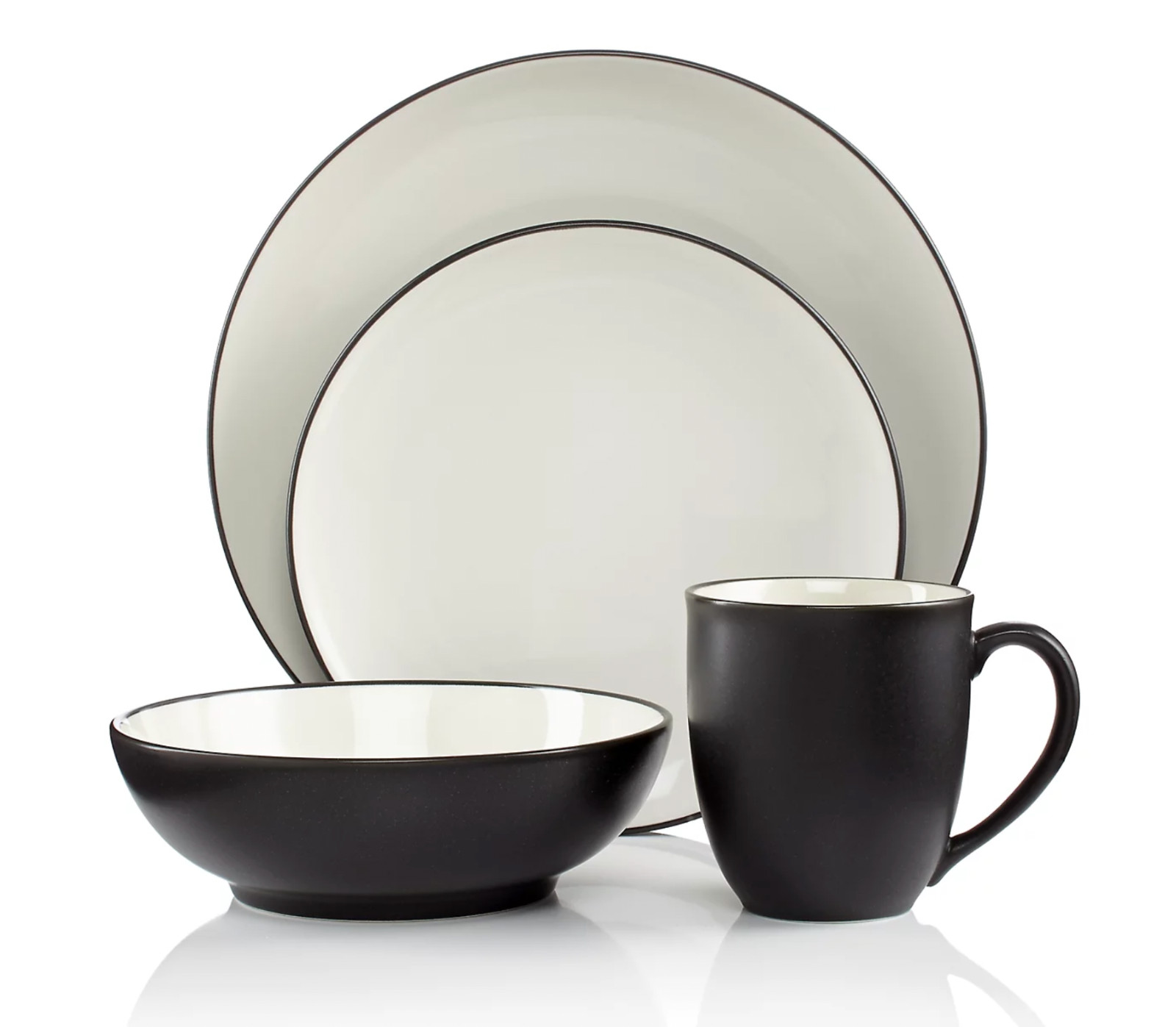 NORITAKE COLORWAVE BLACK GRAPHITE DINNER PLATE BOWL SET 4 PCS STONEWARE NEW NIB