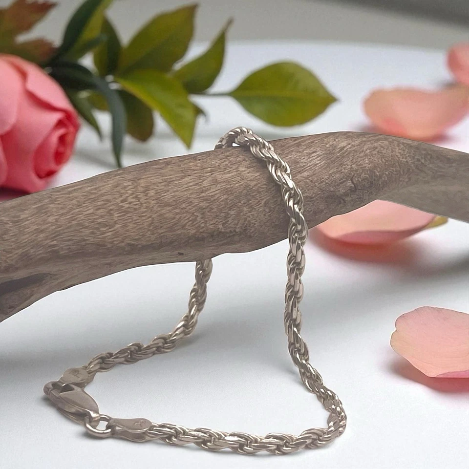 Pulsera de cadena de cuerda de 2 mm de plata de ley 925 italiana de diseño vintage, 7,5" Foto 4 de 4