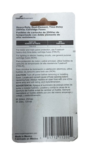 Bussmann FRN-R-20 20A Fusetron Time-Delay Current Limiting RK5 Fuse, 250V, 2pk - Picture 2 of 2