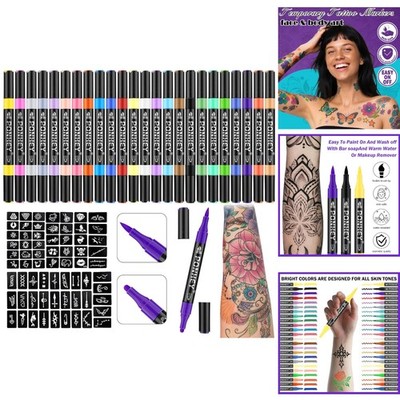 Temporary Tattoo Markers 24 Colors Dual Tip Body Art Pens 67 Stencils Skin Safe