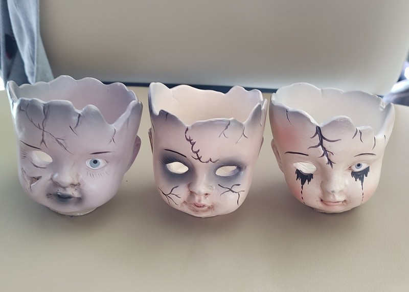 Creepy Porcelain Doll Head Cup Vase Halloween Decor Lot of 3