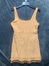 Lulus “Feel The Sunshine” Linen Blend Orange Mini Dress Square Neck Tassel Hem M