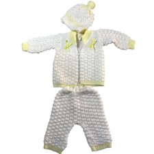 Vintage Baby Knit 3pc Set Sweater Pants Bonnet 0-3M Crochet Popcorn Cottagecore