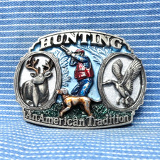 Hunting Belt Buckle American Tradition Bird Dog Duck Deer Vtg 80s TGABC .PCB887