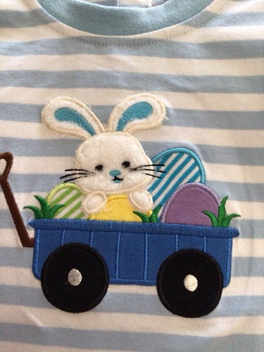 NWT!-BE MINE-Baby Boy Romper-Sz. 3M-Embroidered Bunny In Cart-Blue/White Stripe - Imagen 3 de 10