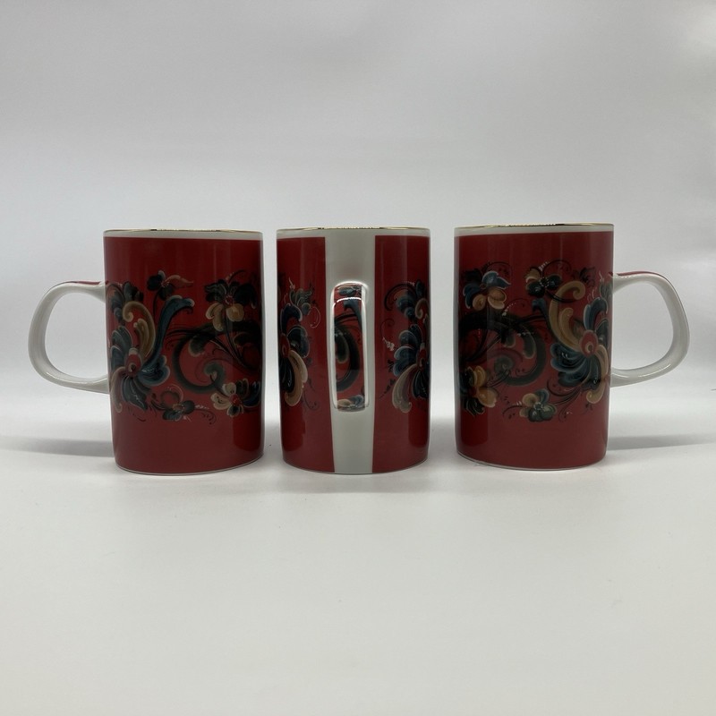 3 Anne Lønøeid Rosemaling Norway Porcelain Mugs Red Floral Gold Rim Vintage - Q7